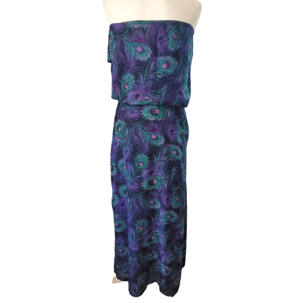 Kira Women’s Medium Purple/Green Strapless Peacock Feather Maxi Dress Pockets - Picture 2 of 11